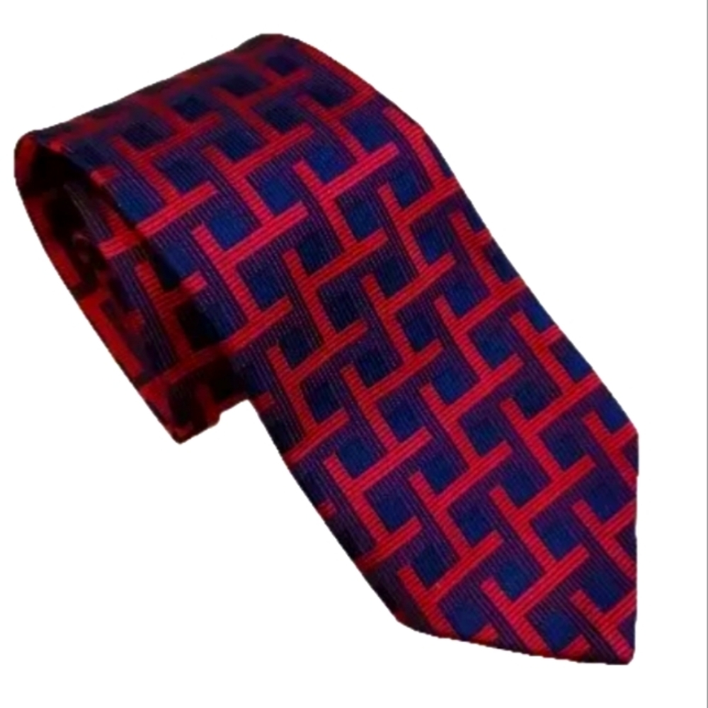 Ermenegildo Zegna Neck Tie Red/Blue 100% Silk Abstract Geometric Print 60"x 4"